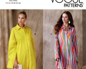Puede incluir: Patrón de costura Vogue Patterns R11734. La imagen muestra dos diseños de vestido camisero. Uno es un vestido largo abotonado amarillo con una abertura. El otro es un vestido camisero corto a rayas de colores. El tamaño del patrón es F5 (16-18-20-22-24). Diseñado e impreso en EE. UU.