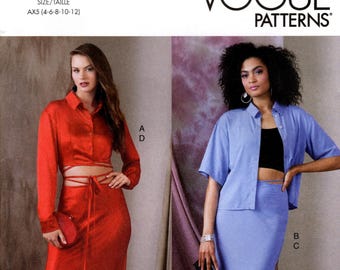 May include: Vogue Patterns sewing pattern R11732 featuring two women modeling different outfits. One wears a red satin shirt and skirt, the other a blue shirt and skirt. The pattern size is AX5 (4-6-8-10-12).