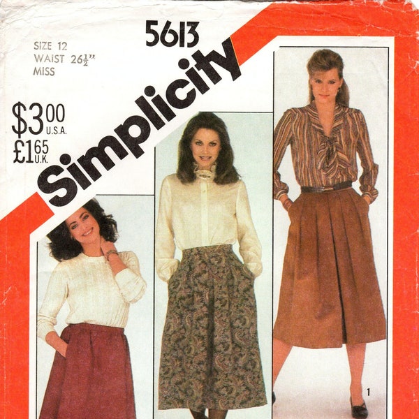 Sz 12 - 80's Simplicity Pattern 5613 -  Misses' Below the Knee, Pleated, A-Line/Flared Skirts in Three Variations - Simplicity Patterns