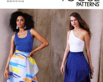 May include: Vogue Patterns sewing pattern featuring two women modeling dresses. One woman wears a blue tank top and a skirt with a colorful abstract design. The other wears a white one-shoulder top and a blue skirt. The pattern number is R11733.