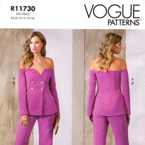 May include: A magenta off-the-shoulder suit pattern from Vogue Patterns. The suit includes a double-breasted jacket and flared pants. The pattern is designed for sizes 8-16 and is custom fit for A, B, C, and D cup sizes.