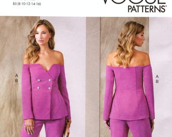 May include: A magenta off-the-shoulder suit pattern from Vogue Patterns. The suit includes a double-breasted jacket and flared pants. The pattern is designed for sizes 8-16 and is custom fit for A, B, C, and D cup sizes.