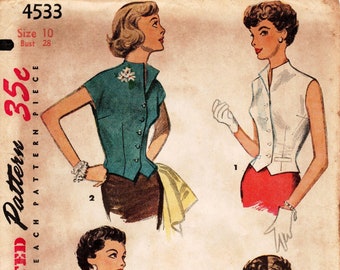 SZ 10/Bust 28" - Vintage 1950s Vest Pattern - Simplicity 4533 - Jr. Miss or Misses' Button Front Vest/Weskit Blouse - Simplicity Patterns