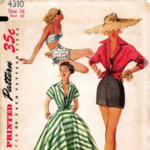 Simplicity Sewing Pattern 4310 - Misses' 1950's Playsuit - Shorts, Bra, Skirt and Shirt - Rare & Uncut - Simplicity Patterns - Sz 16/Bust 34