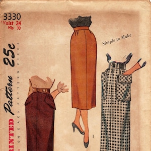 Vintage 50s Skirt Pattern Simplicity 3330 Misses' Four Panel Calf Length Skirt with Back Kick Pleat Three Options Waist 24/Hip 33 image 1