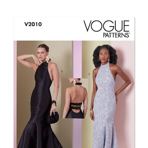 Vogue Sewing Pattern V2010 - Misses&#39; Close-fitting, Open Back Trumpet Dress w/Princess Seams, Halter Neck Bow & Ladder Back - Pick Your Size
