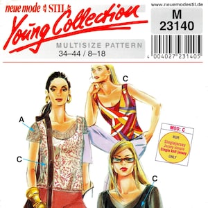 May include: A sewing pattern for a multi-size top with three different styles. The pattern includes instructions for a black top with long sleeves, a red and white patterned top with short sleeves, and a colorful geometric print top with no sleeves. The pattern is labeled "Young Collection" and "Multisize Pattern 34-44/8-18".