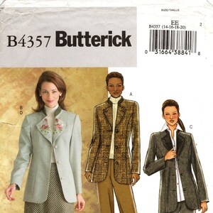 Sz 14/16/18/20 - Butterick B4357 - Misses&#39; Raised Collar, Princess Seam Jacket w/Buttoned Lapels, Bias Cut Flared Skirt and Tapered, Pants