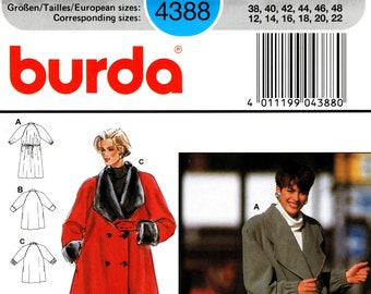 Puede incluir: Patrón de costura Burda número 4388 para un abrigo largo con cierre de doble botonadura. El patrón incluye tres estilos diferentes: un abrigo rojo con cuello de piel, un abrigo morado con cuello de chal y un abrigo verde con cuello de chal. El patrón incluye las tallas 38, 40, 42, 44, 46, 48, 12, 14, 16, 18, 20, 22.