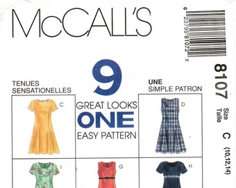 McCall's Sewing Pattern 8107 - Misses' Flared, Princess Seam Dress with Neckline/Sleeve/Length Variations - McCall's Patterns - Sz 10/12/14