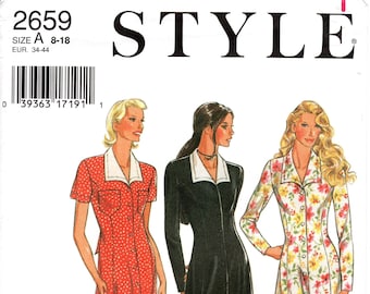 Sz 8 thru 18 - Style Pattern 2659 - Misses' Fit and Flared, Button Front, Princess Seam Dress w/Spred Collar - Optional Sleeves & Pockets