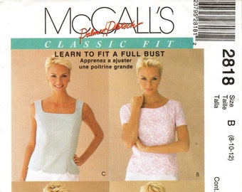 May include: A sewing pattern for a classic fit top with a full bust. The pattern includes four different styles: a sleeveless top with a square neckline, a short-sleeved top with a round neckline, a sleeveless top with a V-neckline, and a short-sleeved top with a V-neckline. The pattern is for sizes 8-10-12.