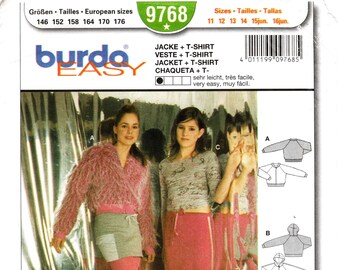 Burda Sewing Pattern 9768 - Girls' Sportswear - Zip Front Jacket w/Optional Hood and T-Shirt - Burda Easy - Sz 11 thru 14