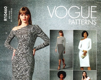 May include: Vogue Patterns dressmaking pattern featuring several dress designs. The main dress is a long-sleeved, midi-length dress with a one-shoulder neckline and a black and white paisley print. Additional dress styles are shown in the inset images.