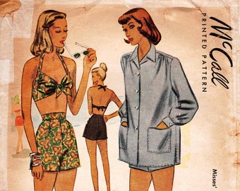 Sz 16/Bust 34" - Vtg 40's Pattern - McCall 6848 -  Misses' Three-Piece Beach Ensemble & Trunks - Beach Coat, Bra, Shorts or Trunks - Uncut