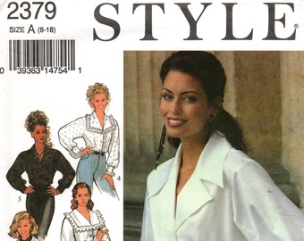 Sz 8 thru 18 - Style Blouse Pattern 2379 -  Misses' Long Sleeve, Fitted Blouse with Front and Back Darts in Five Collar/Cuff/Trim Variations