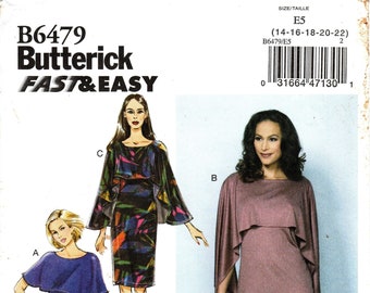 Sz 14/16/18/20/22 - Butterick Dress Pattern B6479 - Misses' Close-Fitting, Pullover Dress with Self-Capelet in three Variations