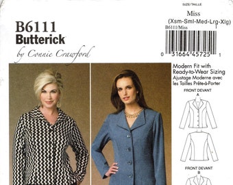 May include: A sewing pattern for a jacket and skirt. The pattern is for a modern fit with ready-to-wear sizing. The pattern includes instructions for making a jacket with a collar and a skirt with a flared hem. The pattern is by Butterick and designed by Connie Crawford. The pattern number is B6111.