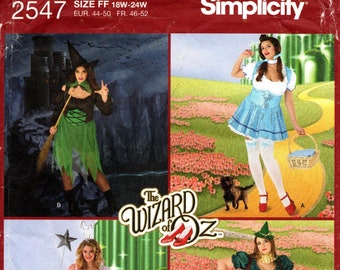May include: A sewing pattern for costumes from the Wizard of Oz. The pattern includes four different costumes: the Wicked Witch of the West, Dorothy, Glinda the Good Witch, and the Scarecrow. The pattern is for sizes 18W-24W.