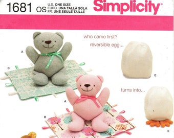 Simplicity Sewing Pattern 1681 by ABBY GLASSENBERG - Stuffed 12 1/2" Bear, Blanket Animals and Chick Toy - Uncut