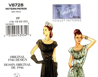 Patrón de vestido vintage Vogue 1946 V8728 - Tallas 16/18/20/22