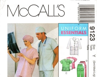 McCall's Sewing Pattern 9123 - Misses' or Men's Medical/Surgical Scrubs/Uniforms - Lab Coat, Top, Dress, Pants, Hats & Tie Belt - Sz S/M/L