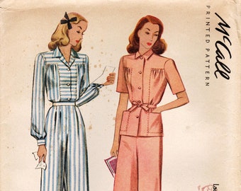 SZ 16/Bust 34" - Vintage 1940s Pajama Pattern - McCall 5333 -  Misses' Button Front Pajama Top in Two Options and Side Close Pants