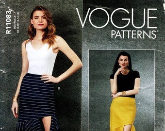 May include: Two women modeling a skirt pattern with a high slit and a ruffled hem. The skirt on the left is black and white striped, while the skirt on the right is yellow. The pattern number is R11083 and the size is B5 (8-10-12-14-16). The text "VOGUE PATTERNS" is printed on the image.