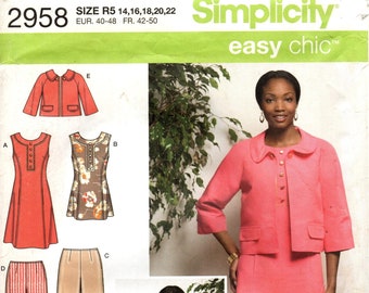 May include: A sewing pattern for a dress and jacket. The pattern is for sizes 14-22. The pattern is from Simplicity and is part of their easy chic line. The pattern includes a dress with a round neckline and a jacket with a collar.