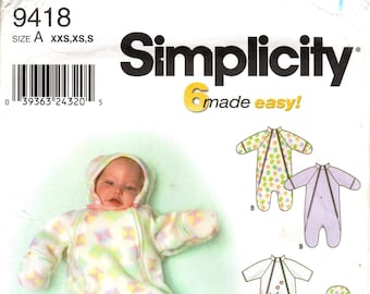 Simplicity 9418 ベビー服パターン：バンティング、ワンジー、ガウン、帽子（XXS-S）