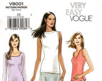 May include: A sewing pattern for a skirt with three different styles. The pattern is for sizes 14-16-18-20. The pattern is called "Very Easy Vogue" and the pattern number is V8001.