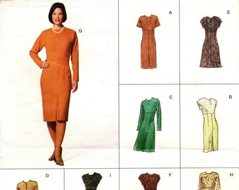 Puede incluir: Un patrón de costura para un vestido con ocho opciones de estilo diferentes. El patrón incluye un vestido de manga larga con una abertura en la parte delantera, un vestido de manga corta con cuello redondo, un vestido sin mangas con cuello en V, un vestido con un corpiño contrastante, un vestido con estampado floral, un vestido con estampado geométrico, un vestido con estampado de leopardo y un vestido de color sólido. El patrón está etiquetado como "Vogue Easy Options".