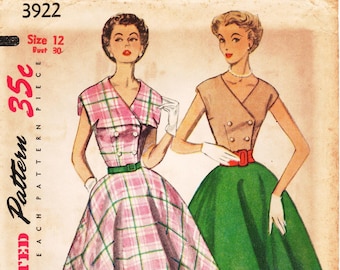 SZ 12/Bust 30" - Vtg 50s Dress Pattern - Simplicity 3922 -  Misses' Double Breasted Fit & Flare Dress in Two Options - Simplicity Patterns