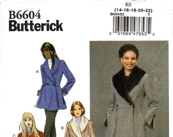 Sz 14/16/18/20/22 - Butterick Coat Pattern B6604 - Misses' Lined, Fit & Flare, Princess Seam, Shawl Collar Coat with Pleats in Four Options