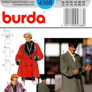 May include: Burda sewing pattern number 4388 for a long coat with a double breasted closure. The pattern includes three different styles: a red coat with a fur collar, a purple coat with a shawl collar, and a green coat with a shawl collar. The pattern includes sizes 38, 40, 42, 44, 46, 48, 12, 14, 16, 18, 20, 22.