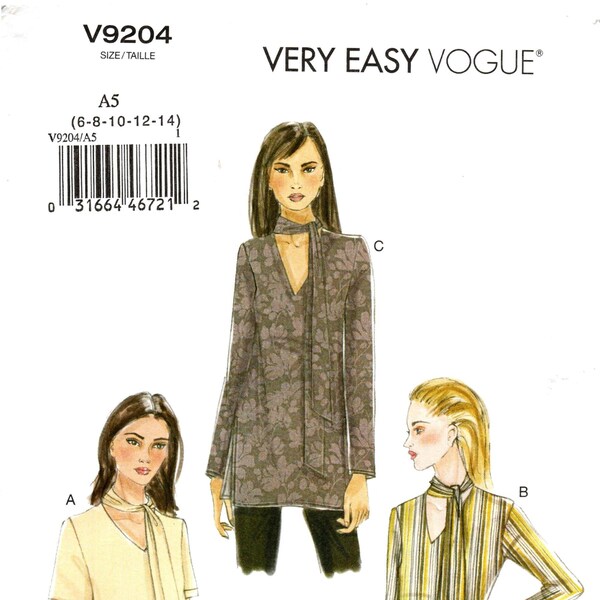 Sz 6/8/10/12/14 - Vogue Top Pattern V9204 - Misses' Loose Fit Pullover, V-Neck Top with Attached Tie Ends in Three Options - Very Easy Vogue