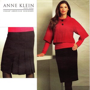 May include: A sewing pattern for a skirt, with a model wearing a red top and a black skirt. The pattern is for sizes 14-16-18-20. The pattern number is V1062/EE.