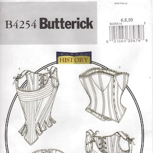 May include: A black and white line drawing of four different corset patterns. The patterns are labeled A, B, C, and D. The title of the pattern is "B4254 Butterick Making History".