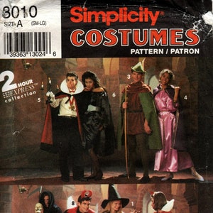 Sz S/M/L - Simplicity Costume Pattern 8010 - Unisex Adult or Teen Costume Assortment - Witch/Maid Marion/Robin Hood/Dracula and More