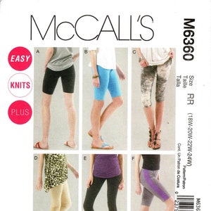 May include: Sewing pattern for knit leggings in sizes 18W-20W-22W-24W. The pattern includes six different styles of leggings, including a pair with a floral print, a pair with a purple stripe, and a pair with a leopard print. The pattern is labelled "Easy" and "Knits".