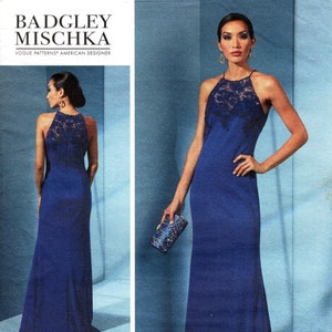 Patrón de costura Vogue V1615 de BADGLEY MISCHKA: vestido ajustado, con forro completo y escote corazón para mujer, con canesú y cola en contraste, tallas 14 a 22