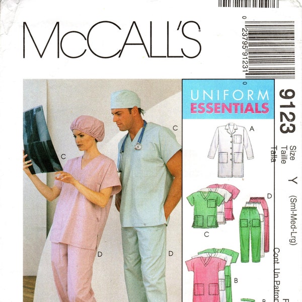 McCall's Sewing Pattern 9123 - Misses' or Men's Medical/Surgical Scrubs/Uniforms - Lab Coat, Top, Dress, Pants, Hats & Tie Belt - Sz S/M/L