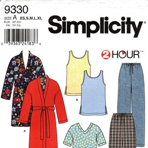 Sz XS thru XL - Simplicity Pattern 9330 - Men&#39;s, Misses&#39; or Teen Unisex Bathrobe/Robe & Belt, TankTop, V-Neck Top, Pants or Shorts