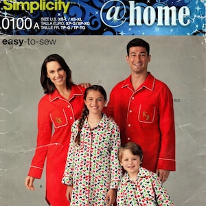 May include: A sewing pattern for pajamas with a red, white, and green print. The pattern is for sizes XS-L/XS-XL and includes instructions for making a shirt, pants, and a nightgown. The pattern is called "Simplicity 0100 A" and is part of the "easy-to-sew" collection.