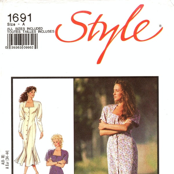 Sz 8 thru 18 - Style Pattern 1691 -  Misses' Front Buttoned Dress with Shaped Neckline, Dolman Sleeves in Two Lengths & Flared Slit Hemline