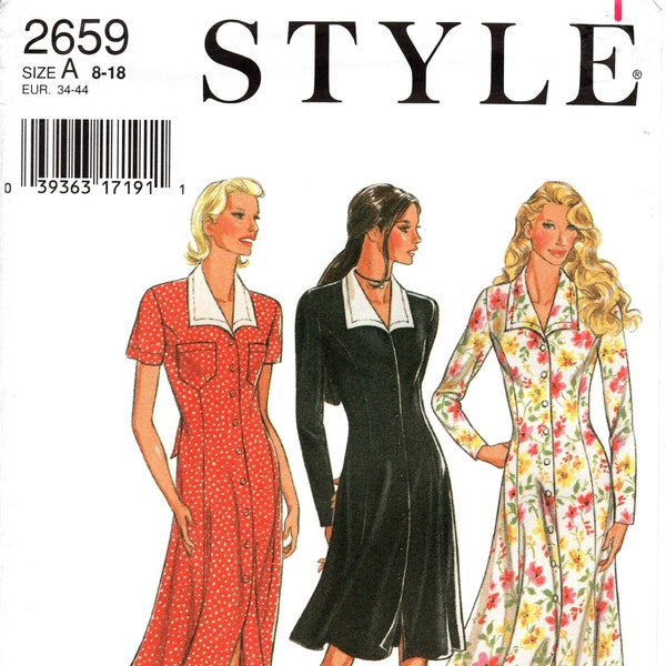 Sz 8 thru 18 - Style Pattern 2659 - Misses' Fit and Flared, Button Front, Princess Seam Dress w/Spred Collar - Optional Sleeves & Pockets