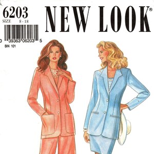 Sz 8 thru 18 - New Look 6203 - Misses&#39; Front Buttoned, Princess Seam, Below Hip Jacket in Two Options & Tapered Skirt or Straight Leg Pants