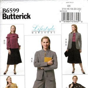 Sz 14/16/18/20/22 - Butterick Wardrobe Pattern B6599 - Giacca aperta sul davanti, pullover o abito e pantaloni a gamba larga da signorina in due lunghezze