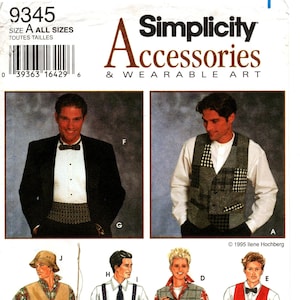 Simplicity Sewing Pattern 9345 - Men&#39;s Accessories - Men&#39;s Bow Tie, Necktie, Cummerbund, Vests, Suspenders and Bucket Hat - All Sizes