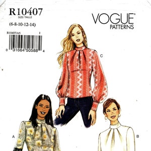 Sz 6/8/10/12/14 - Vogue Sewing Pattern R10407 - Misses&#39; Loose-Fitting, Pleated Neckline Top with Raised Collar and Sleeve Variations